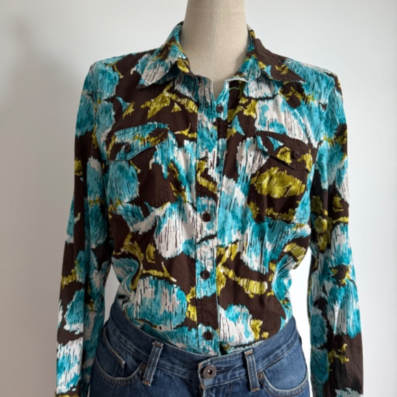 Jones New York Sport - Brown and Blue Floral Long Sleeve Button Down Shirt - Picture 2 of 11
